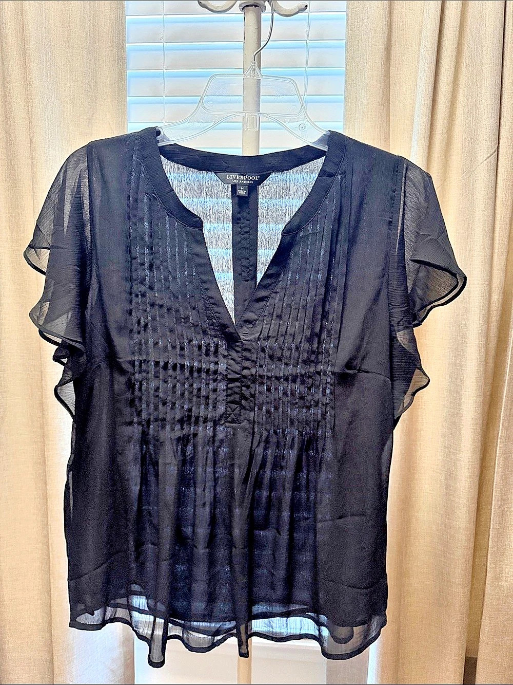 Liverpool Sheer Ruffle Sleeve Blouse in Black Size Medium